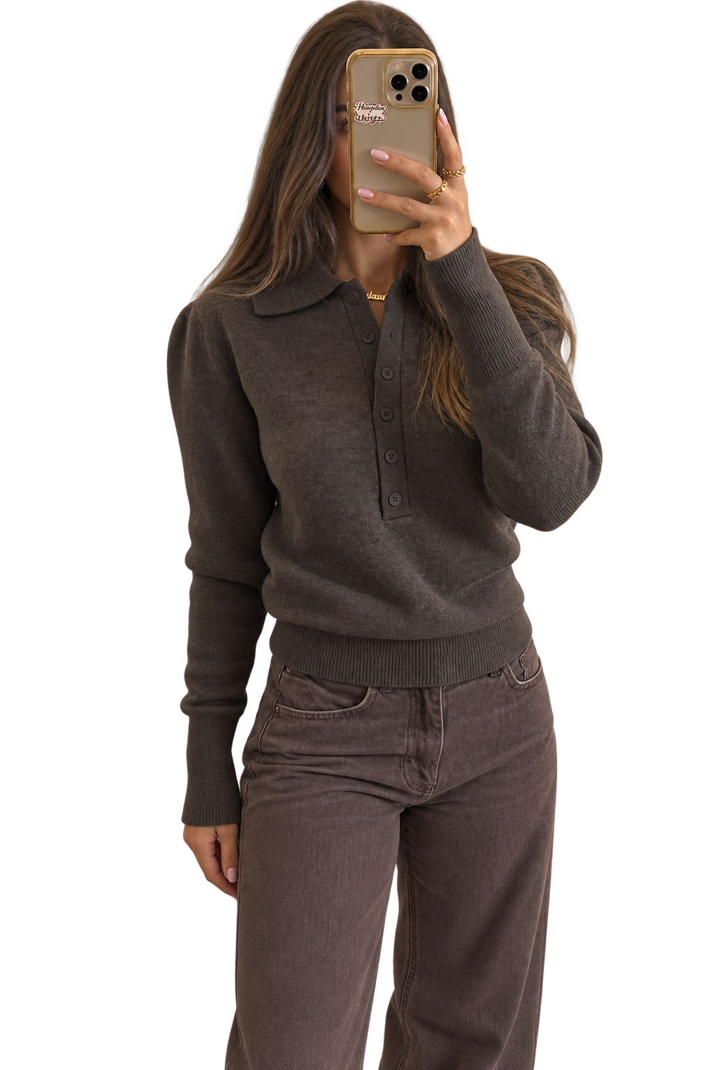 Padded Shoulder Polo Knit - Brown