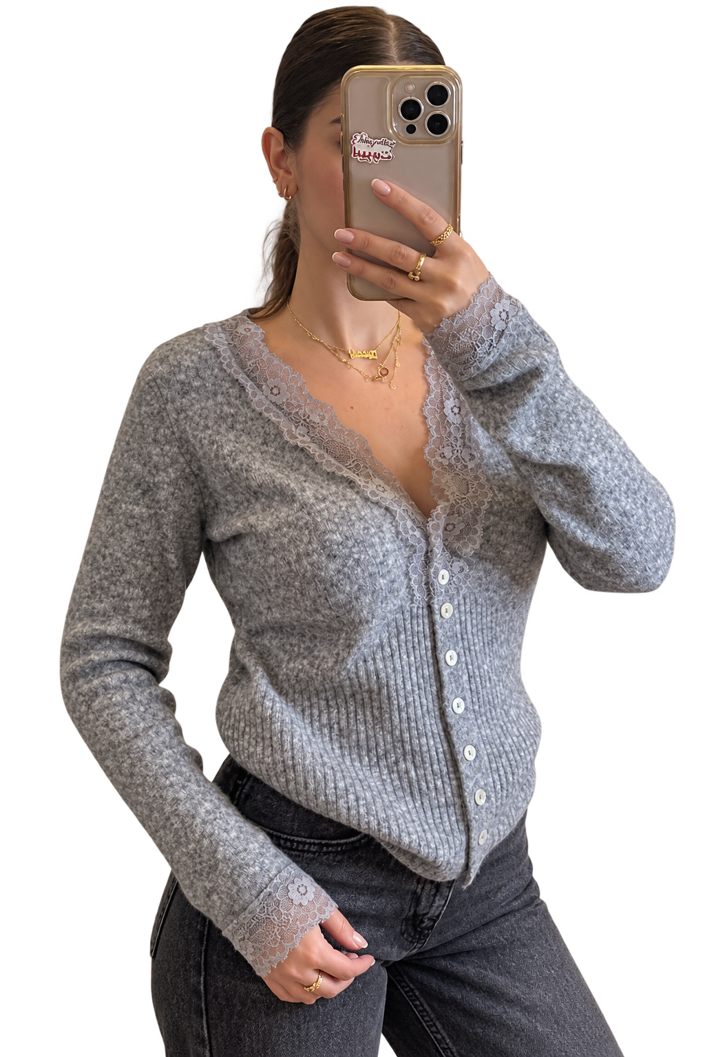 Grey Lace Trim Knit Cardigan