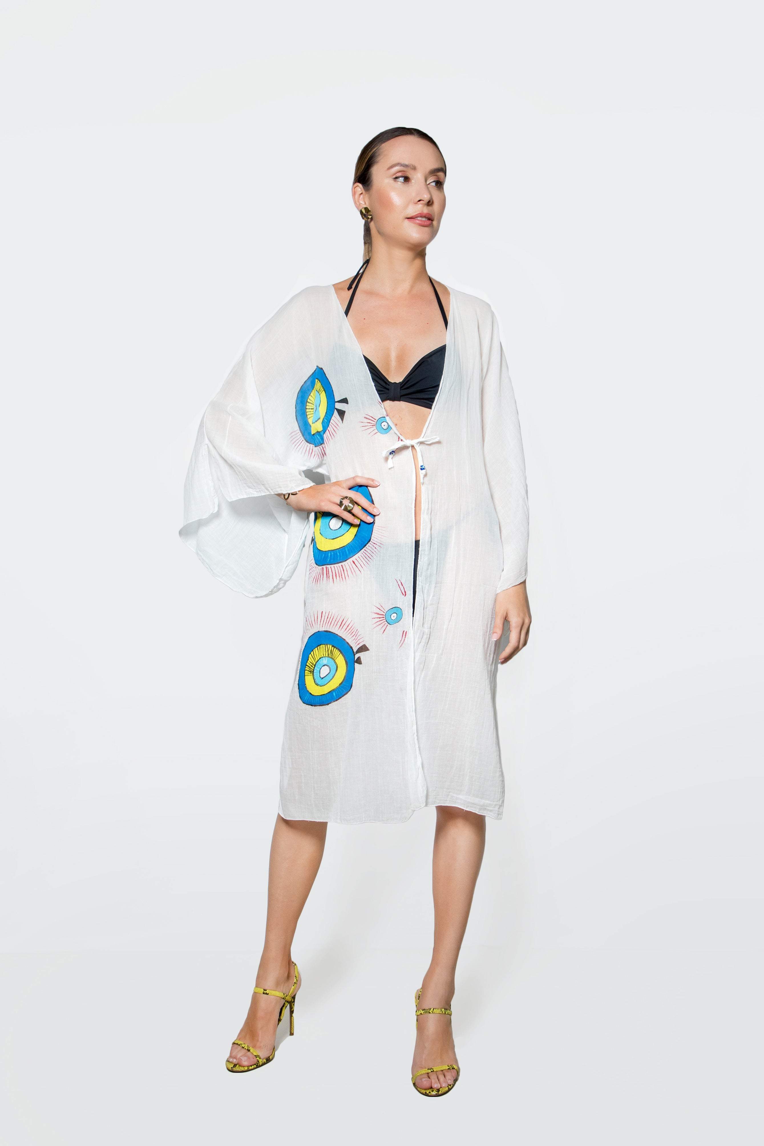 Evil Eye Hand Painted White Kimono-Desert Port-Women Swimming Suit