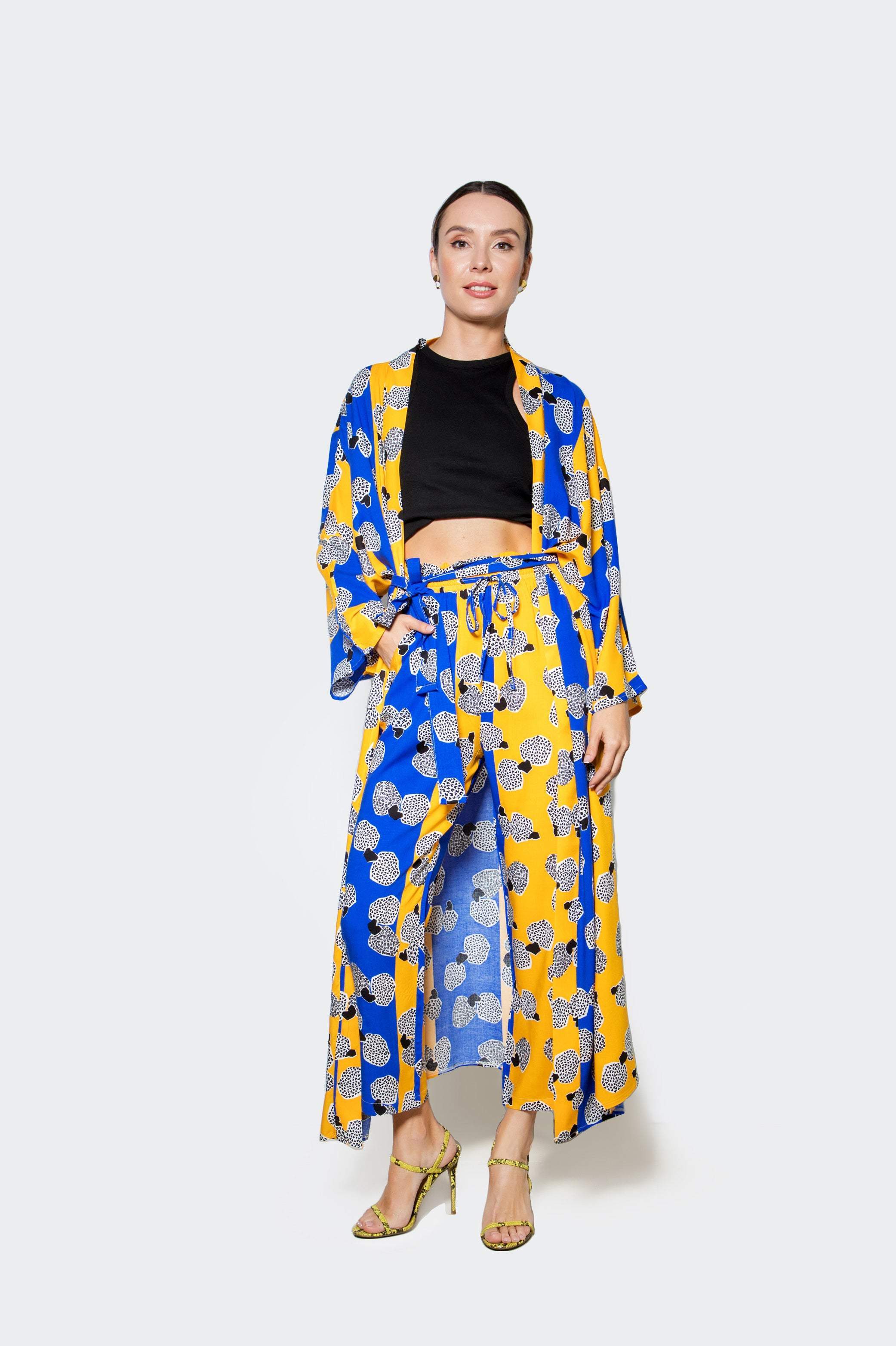 Yellow Blue Patterned Kimono Set-Desert Port-Kaftan