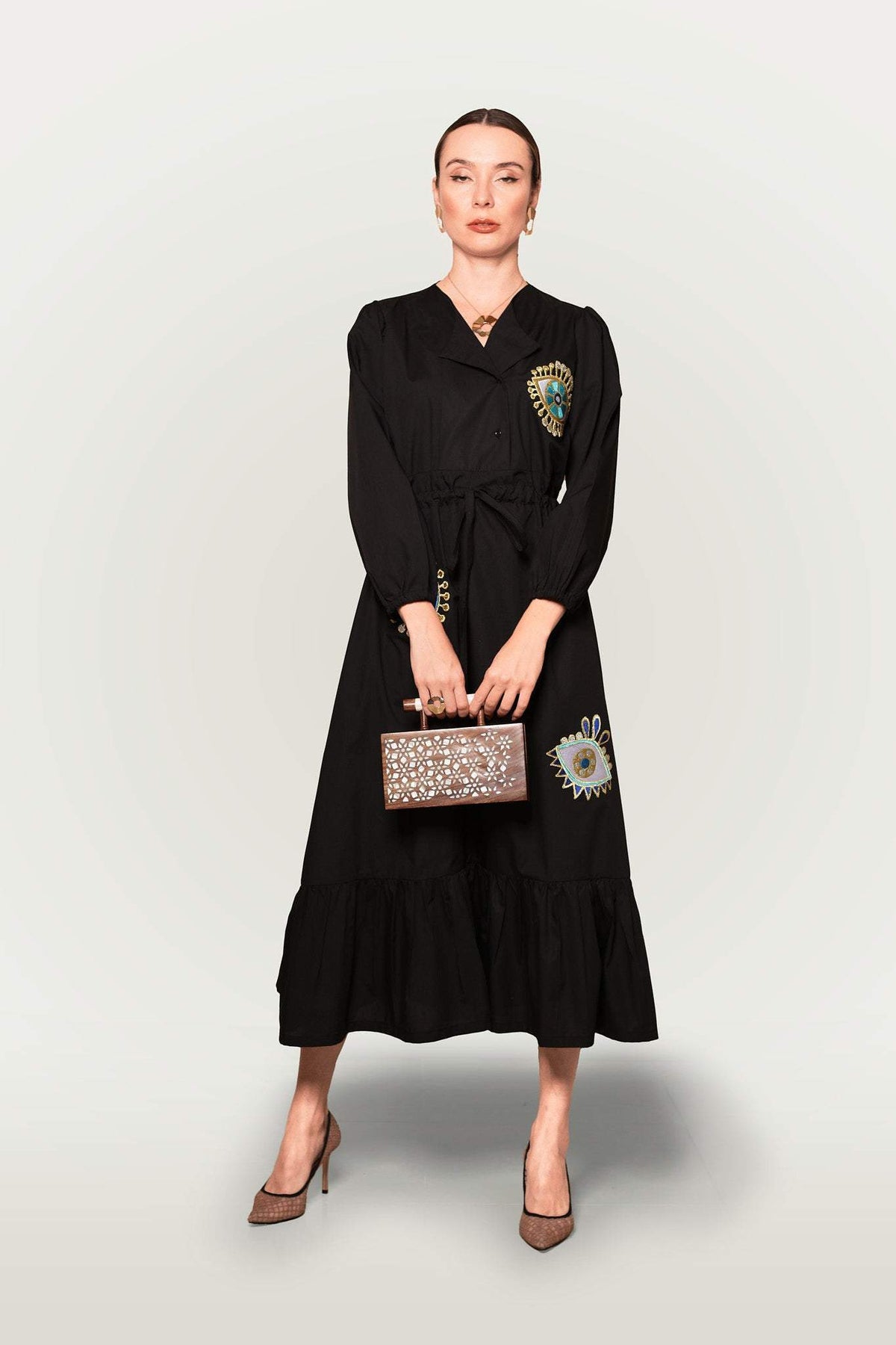 Fashioness Line Poplin Embroidery Evil Eyes Woven Long Dress-Desert Port-Kaftan