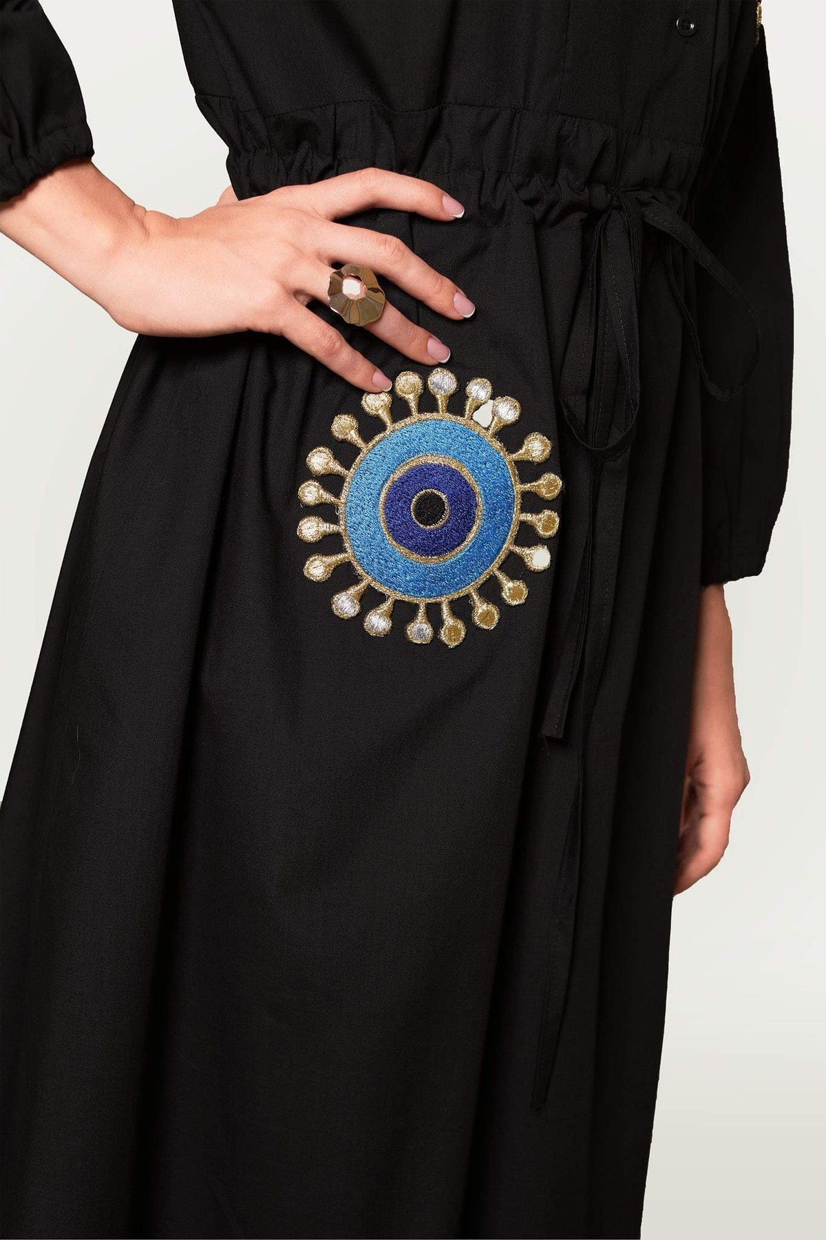 Fashioness Line Poplin Embroidery Evil Eyes Woven Long Dress-Desert Port-Kaftan