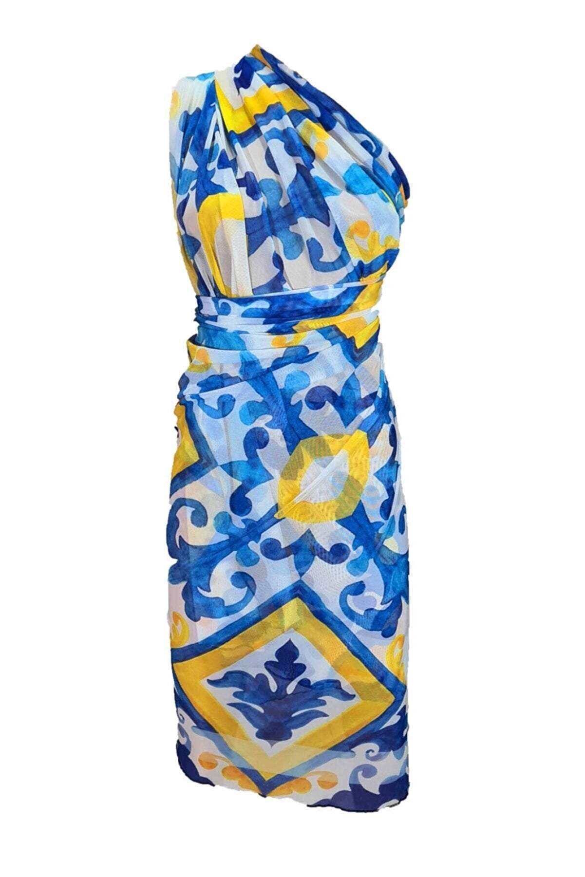 Yellow Blue Patterned Mesh Pareo-Desert Port-Women Swimming Suit مايوه نسائي