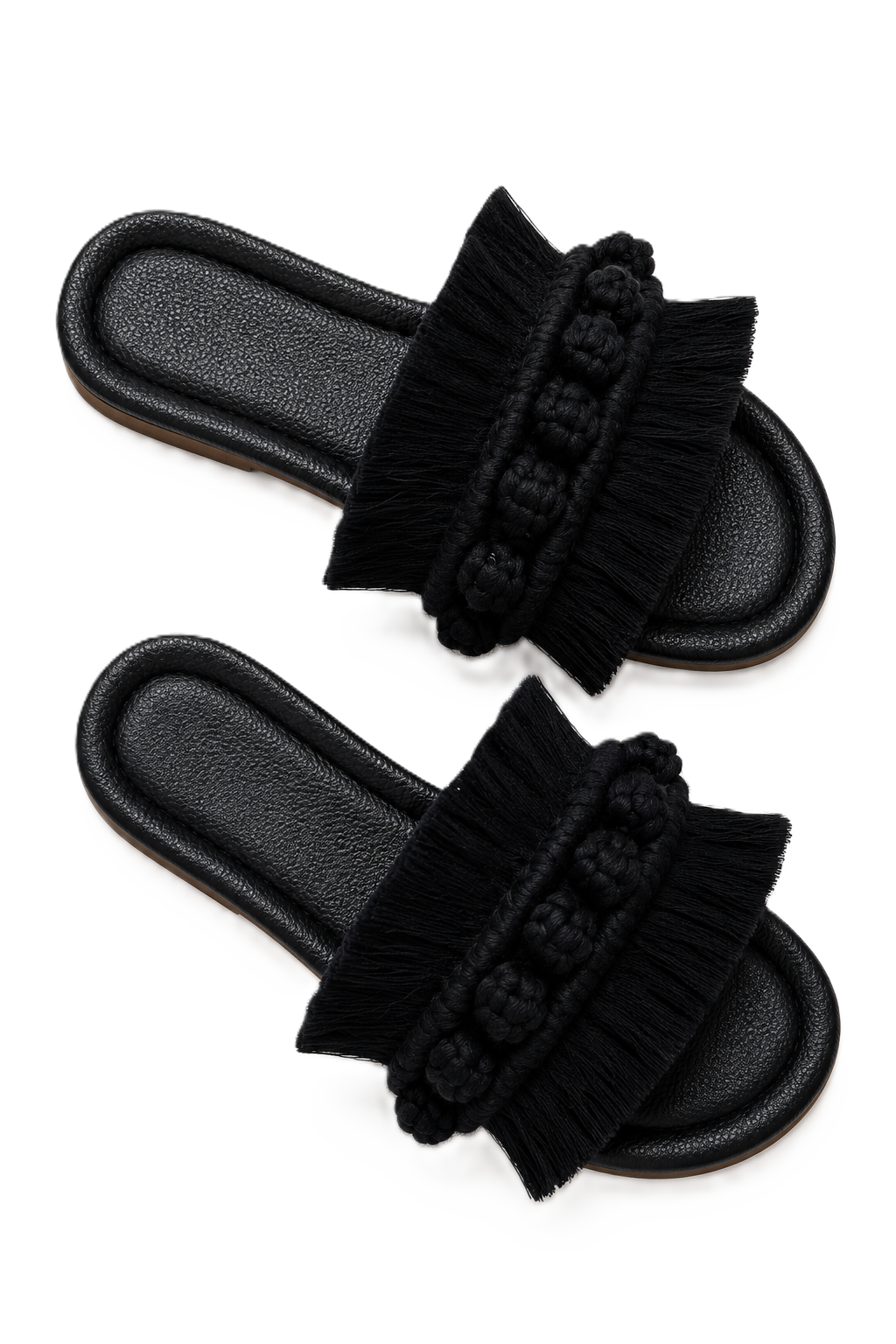 Boho Fringe Slides – Black