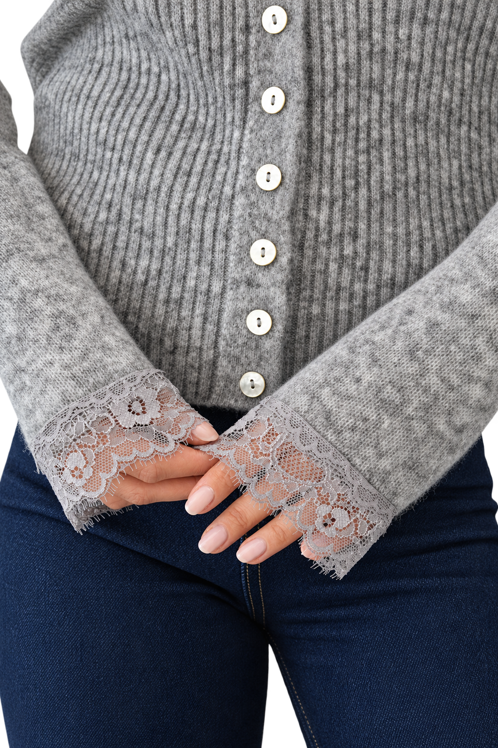 Grey Lace Trim Knit Cardigan