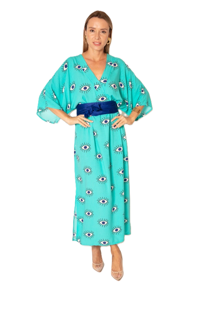 Aqua Evil Eye Kaftan Dress