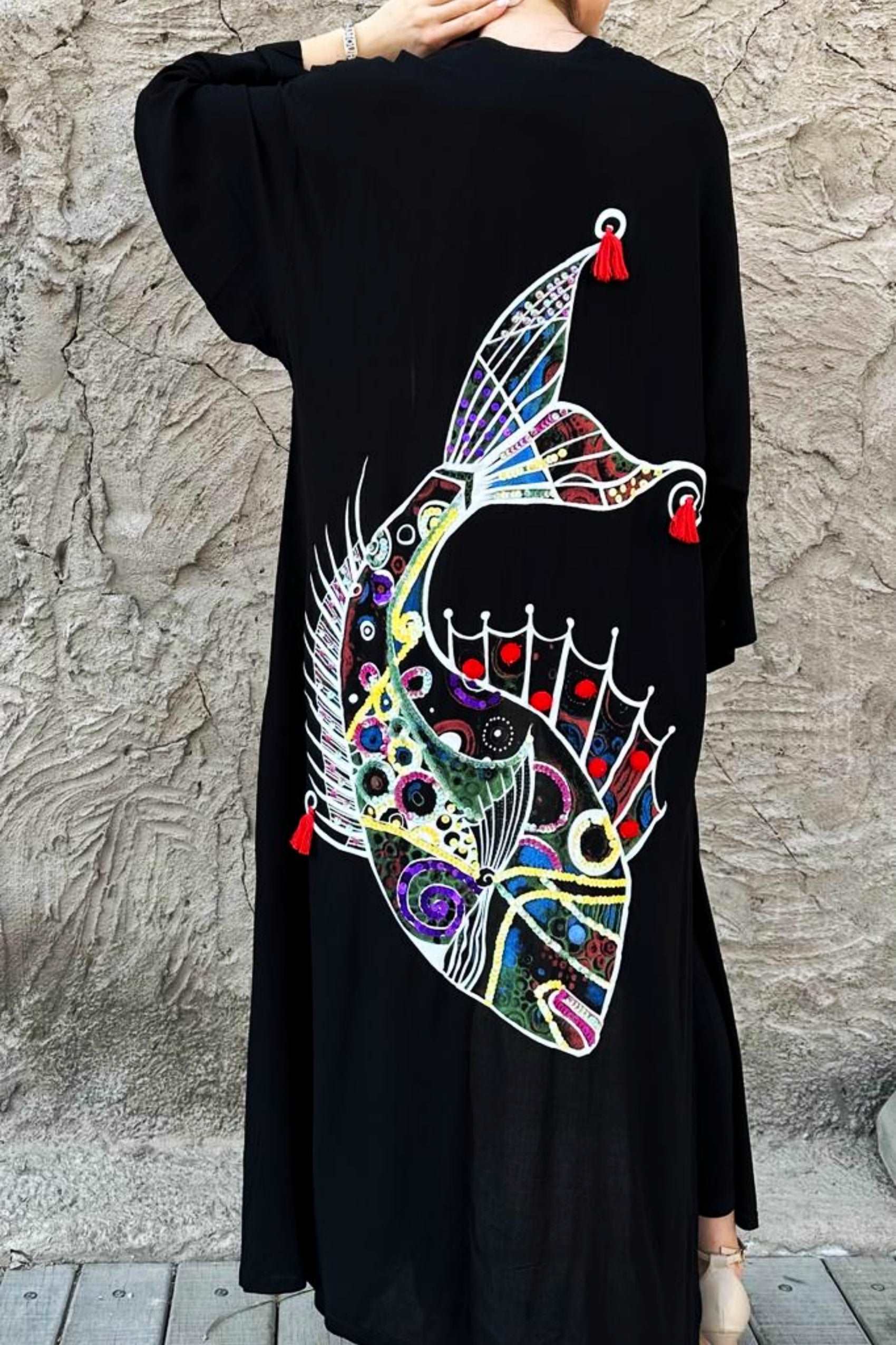 Hand-Painted Colorful Fish Abaya