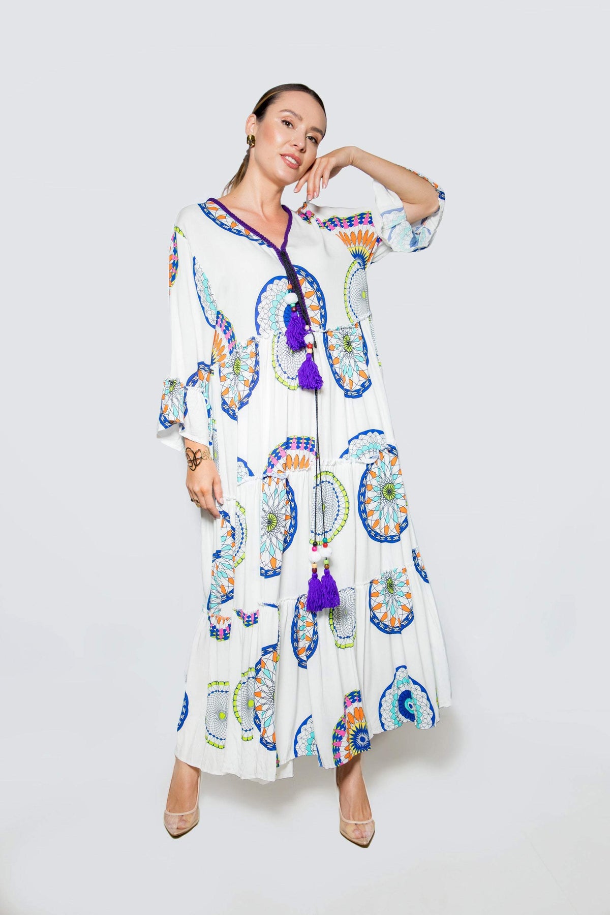 Mandala Pattern Kaftan Dress White-Desert Port-Kaftan