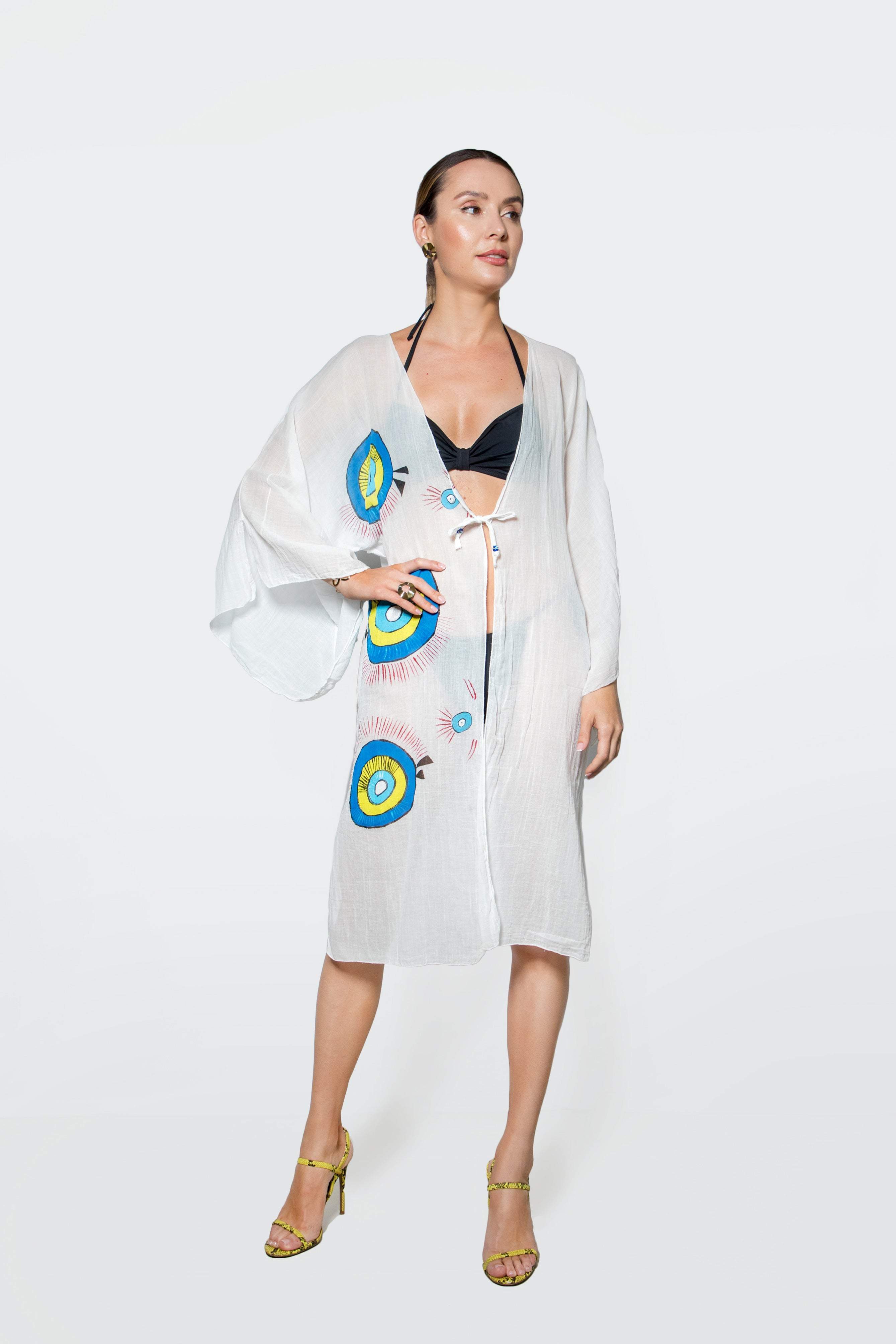 Hand Painted White Kimono-Desert Port-Women Swimming Suit محل عباية