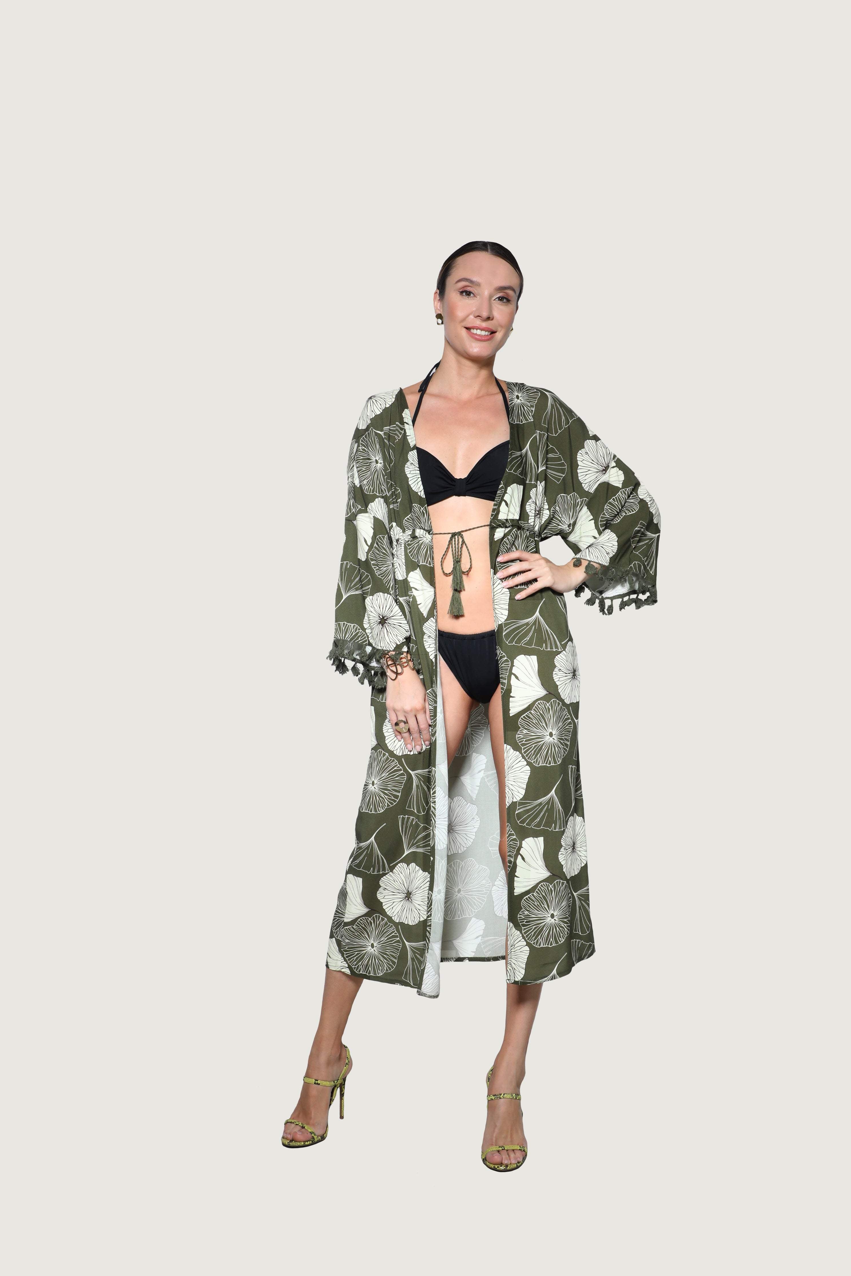 Khaki Floral Patterned Viscose Kimono-Desert Port-women swimming suit