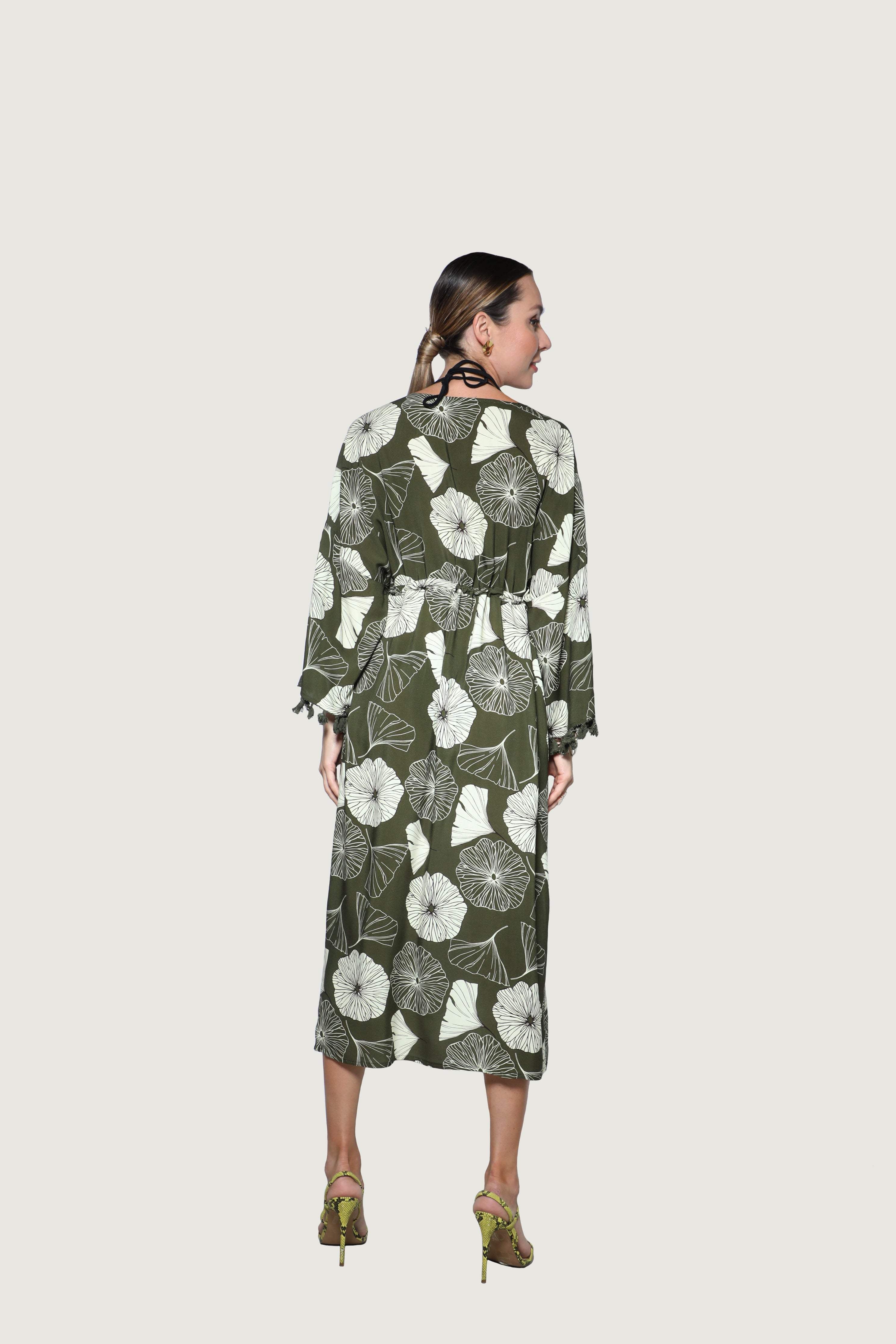 Khaki Floral Patterned Viscose Kimono-Desert Port-women swimming suit