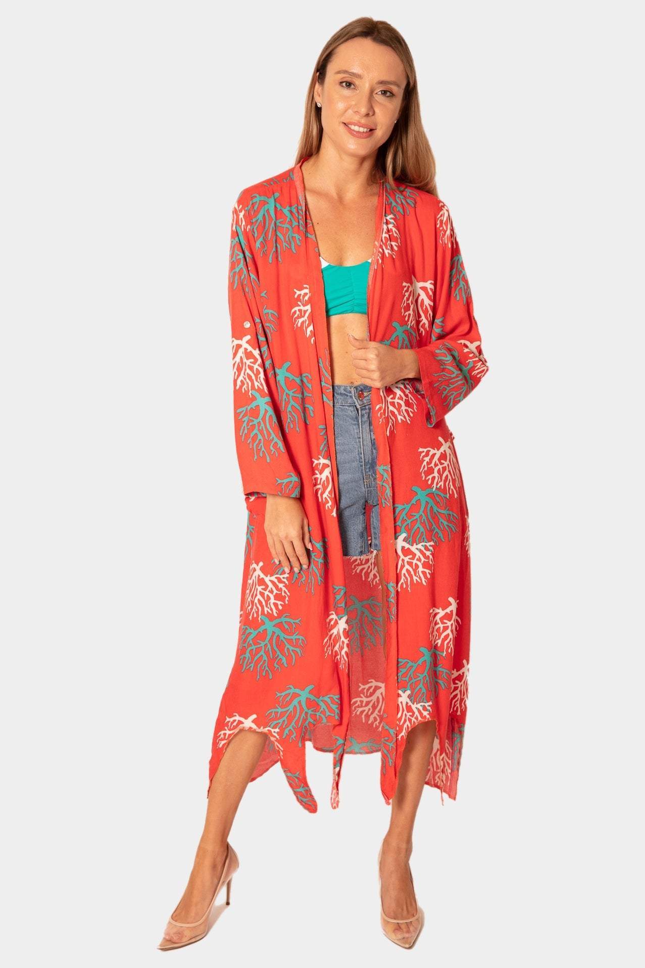 Coral Reefs Beach Coverup-desert port-new,Women Swimming Suit. فستان غطاء شاطئ مزين بنمط شعاب مرجانية باللون الوردي المثالي للإرتداء في فصل الصيف على الشاطئ