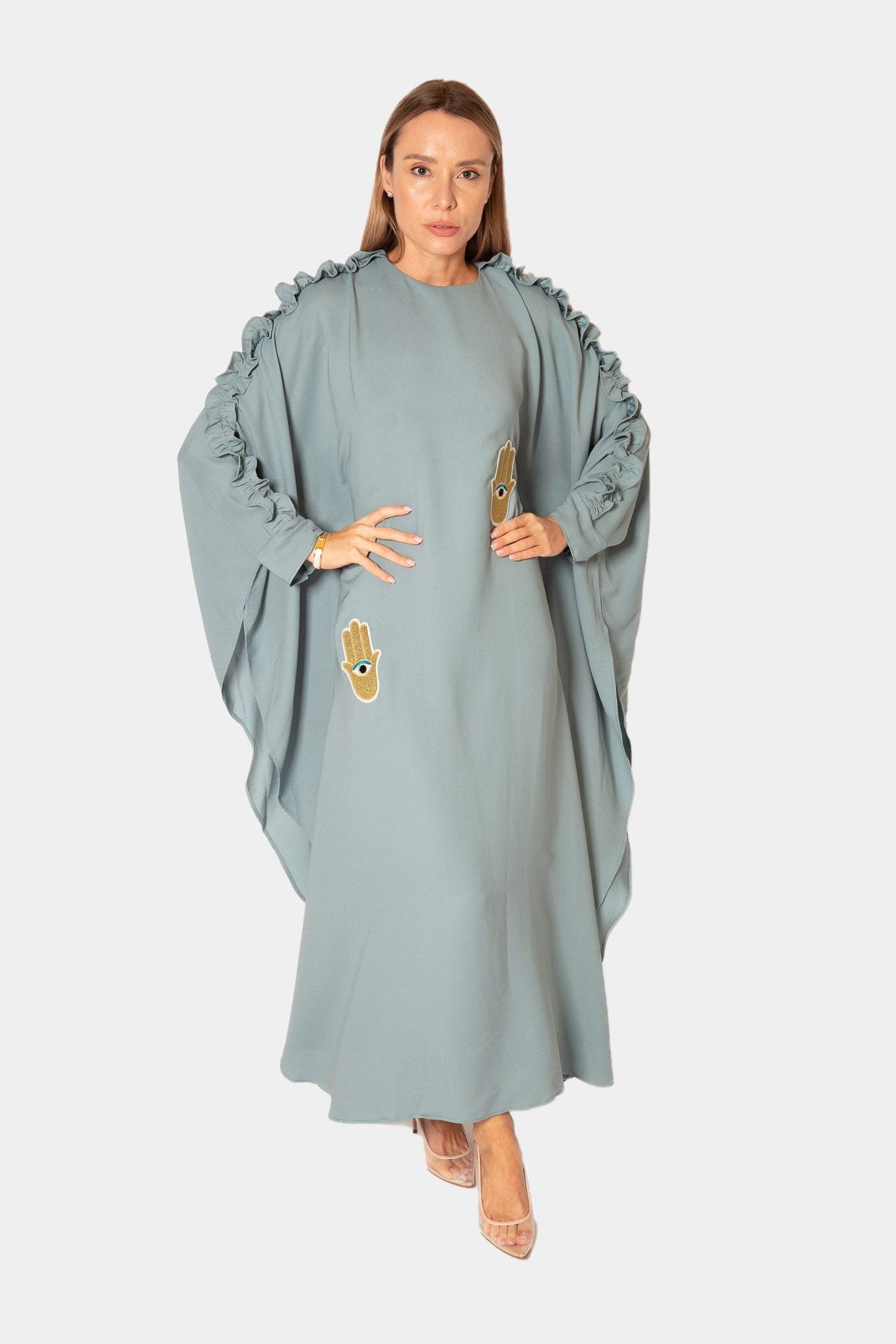 Kaftan Dress with Hand of Fatima Embroidery Desert Port ملابس عربية