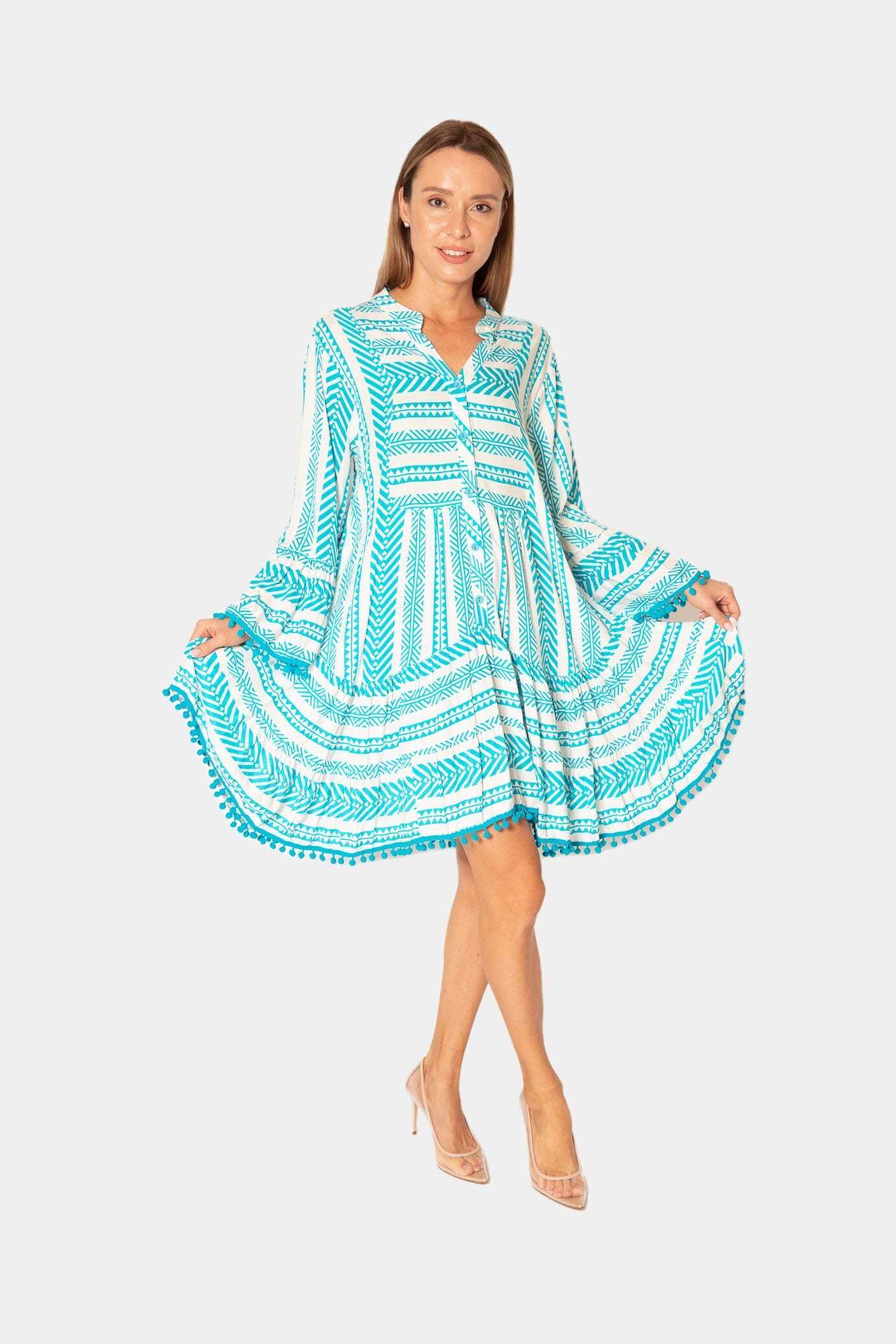 Aqua Patterned Pom Pom Beach Dress desert port. shop dresses online. فستان صيفي أنيق مزين بنمط مطبوع وحواف بوم بوم، مثالي للإرتداء اليومي والمناسبات port