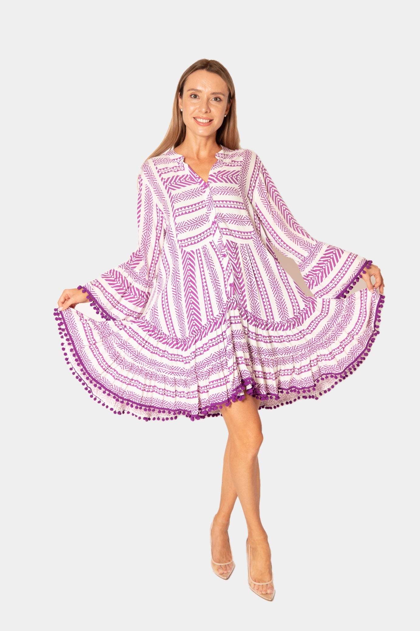 Purple Patterned Pom Pom Beach Dress desert port