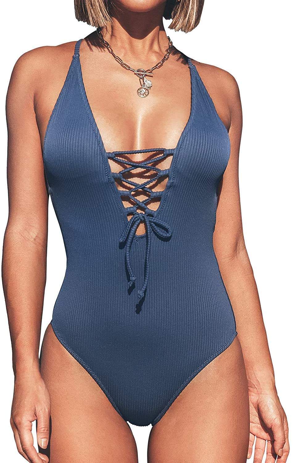V-Neck Lace Up Solid Color One Piece Swimsuit-Desert Port-women swimming suit