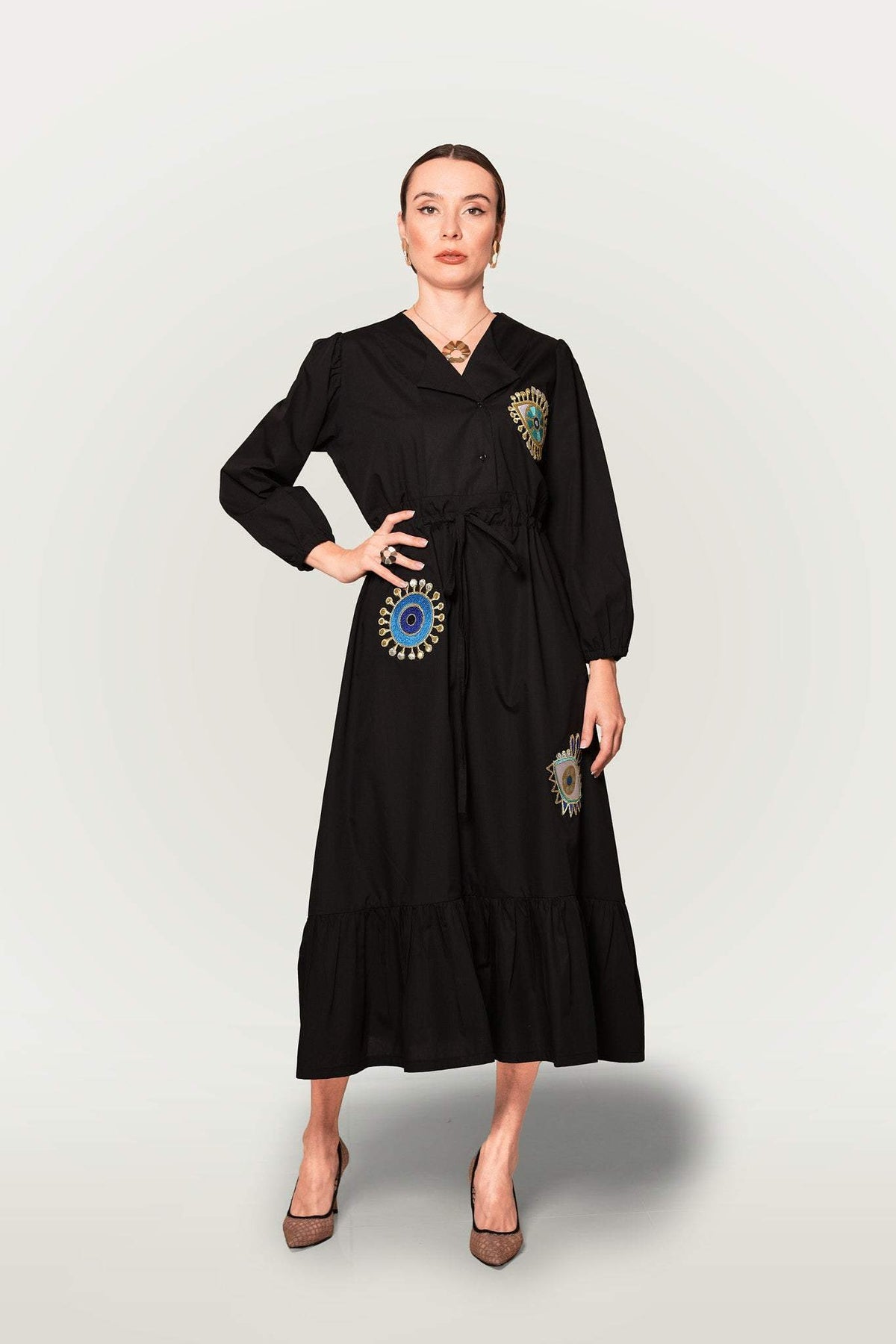 Fashioness Line Poplin Embroidery Evil Eyes Woven Long Dress-Desert Port-Kaftan