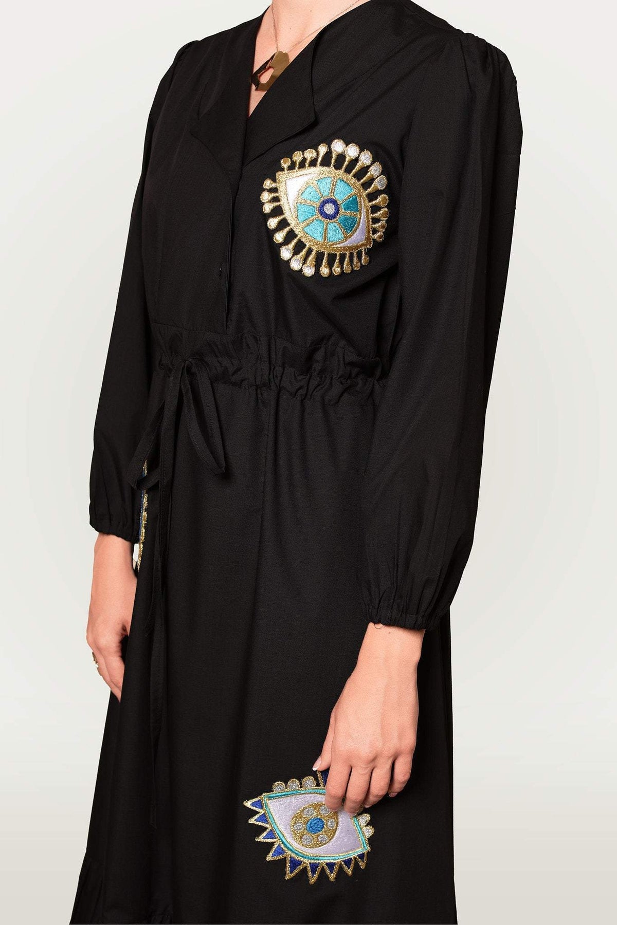 Fashioness Line Poplin Embroidery Evil Eyes Woven Long Dress-Desert Port-Kaftan