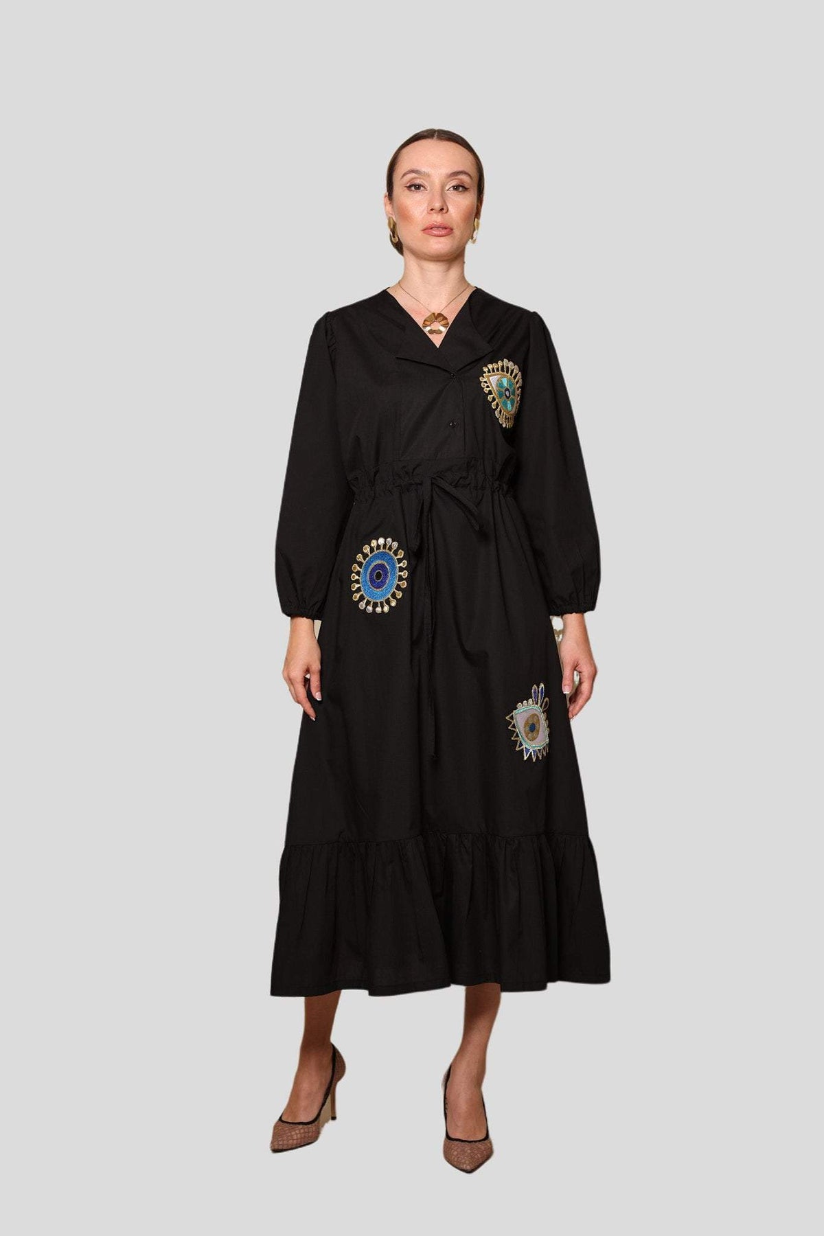 Fashioness Line Poplin Embroidery Evil Eyes Woven Long Dress-Desert Port-Kaftan عبايات فخمة للمناسبات