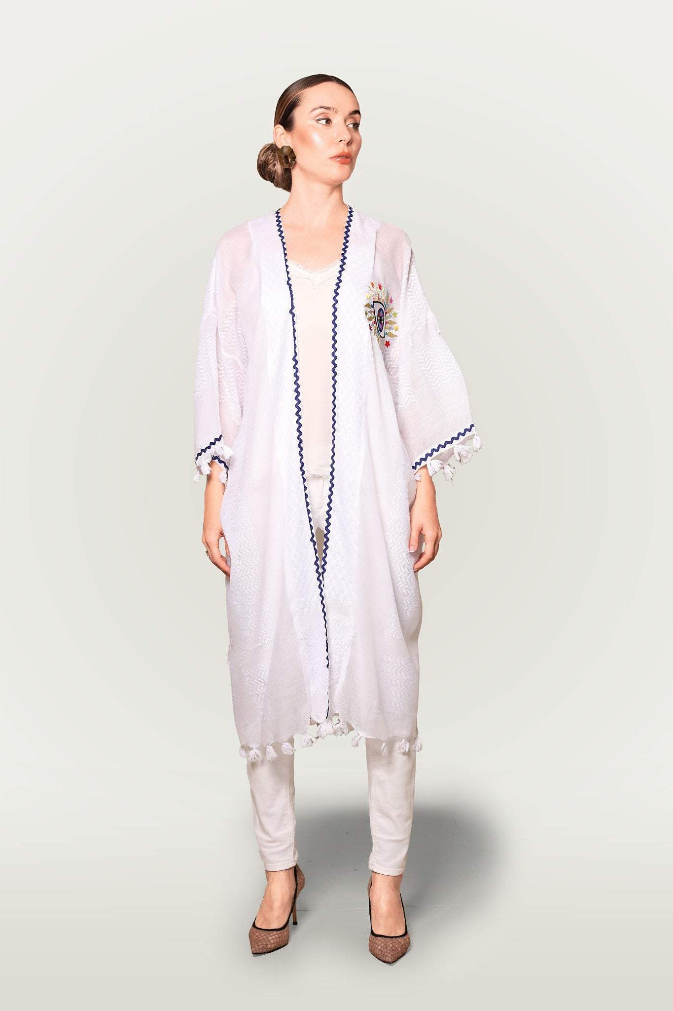 Kuffiyeh Line Cotton Embroidery White Evil Eye Abaya-Desert Port-Abaya