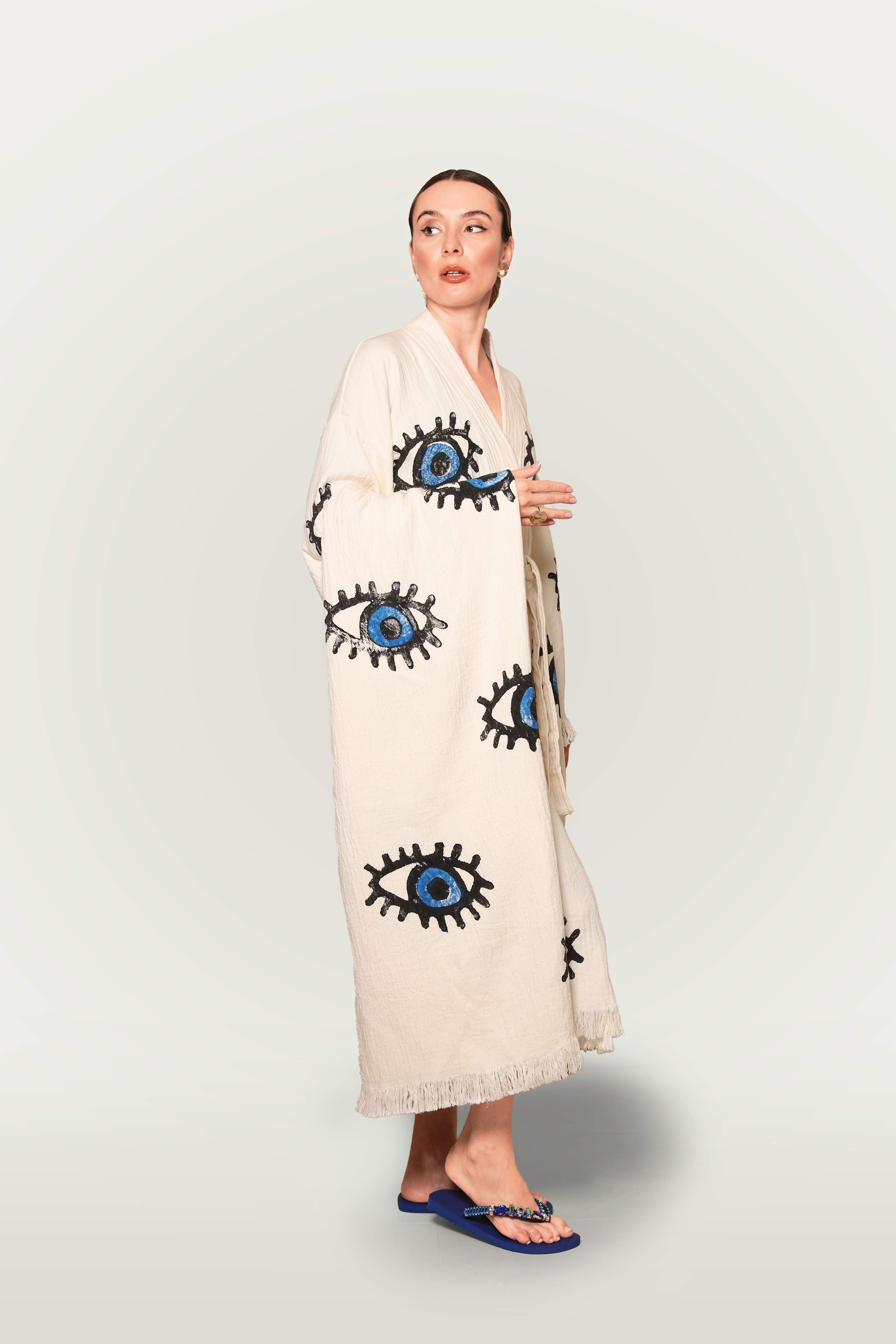 Evil Eye Cotton Kimono Set With Matching Towel-Desert Port-Women Swimming Suit
