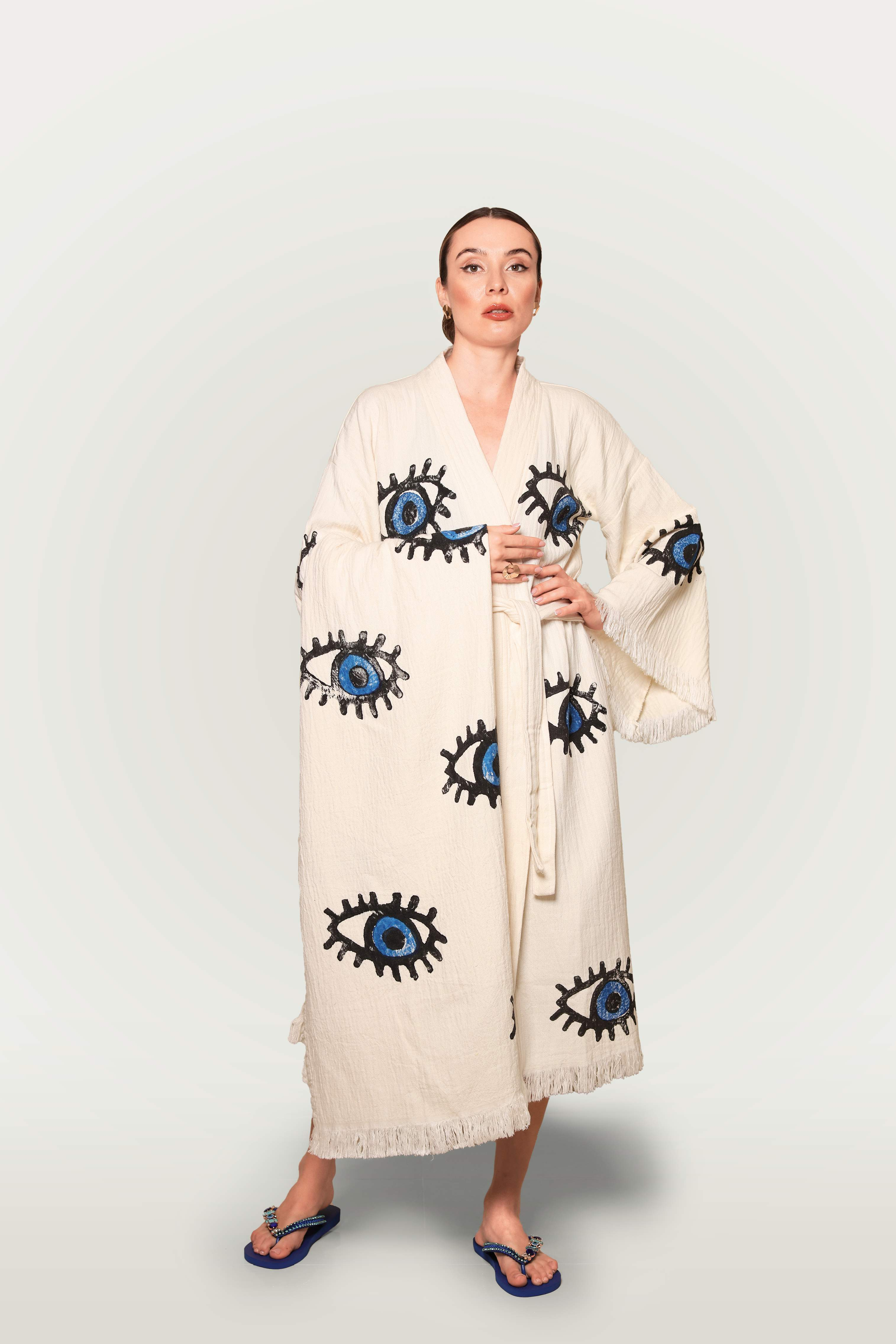 Evil Eye Cotton Kimono Set With Matching Towel-Desert Port-Women Swimming Suit