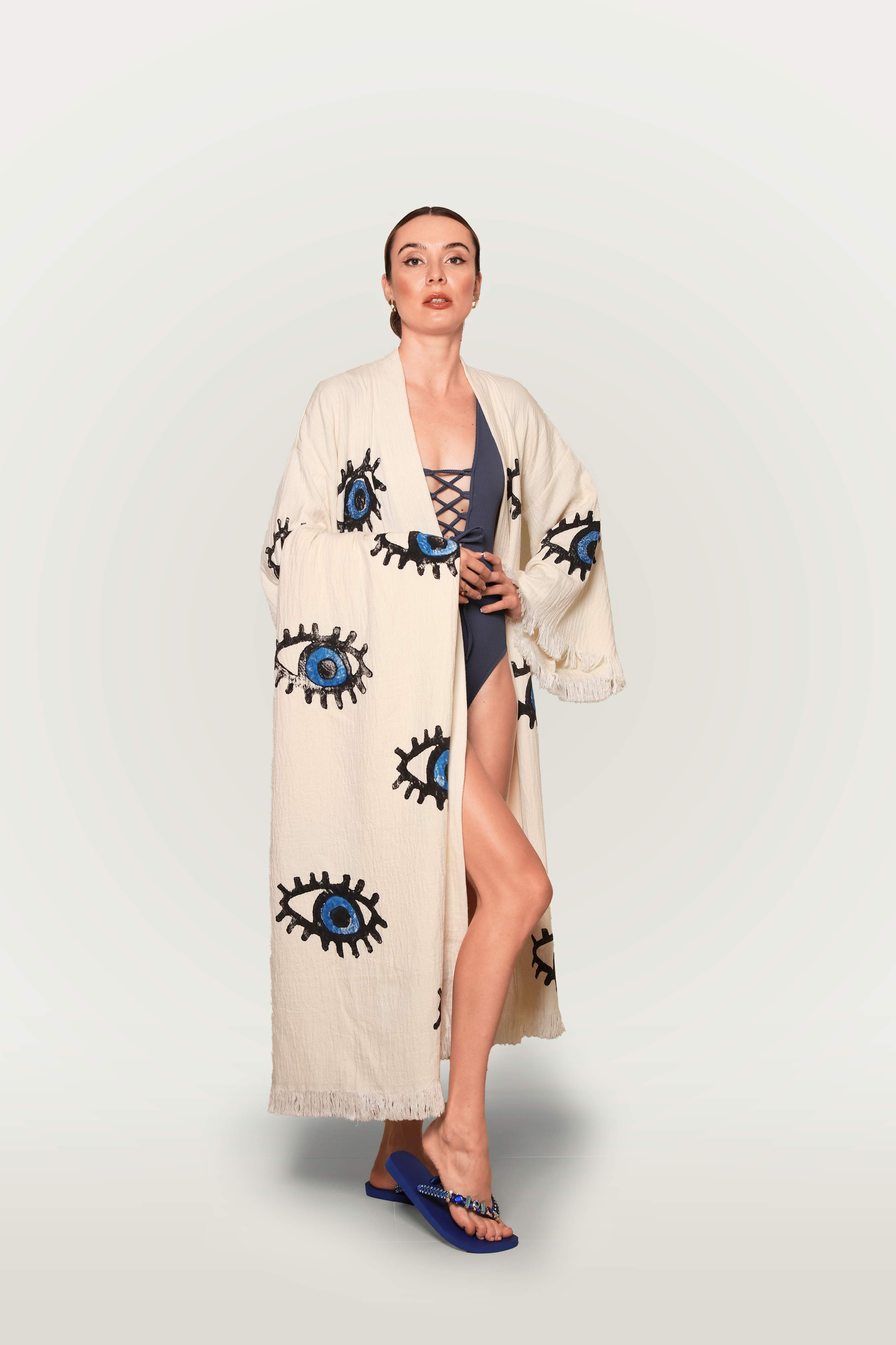 Evil Eye Cotton Kimono Set With Matching Towel-Desert Port-Women Swimming Suit