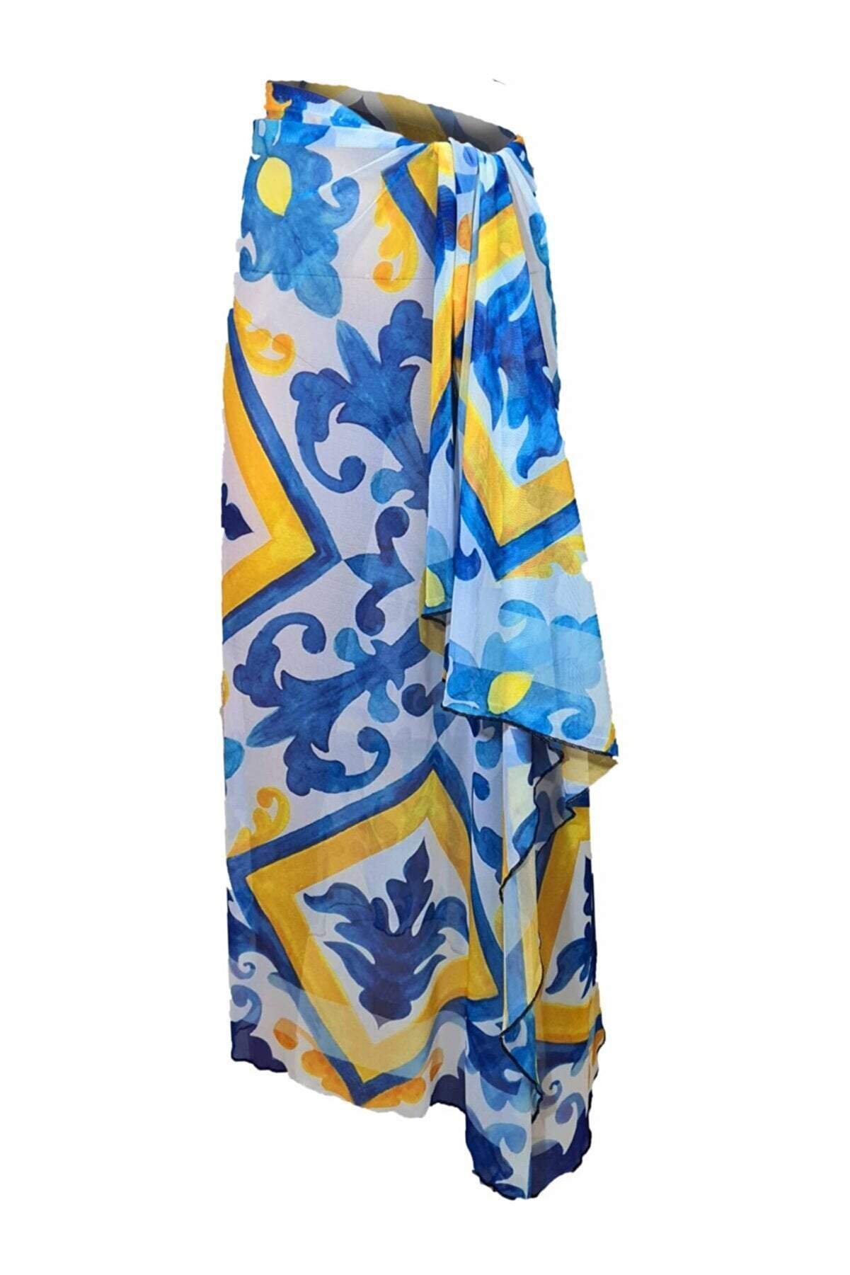 Yellow Blue Patterned Mesh Pareo-Desert Port-Women Swimming Suit مايوه نسائي