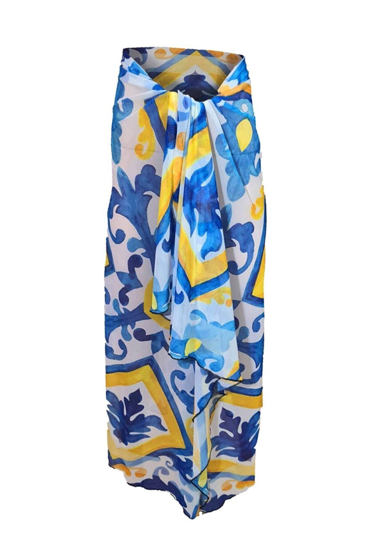 Yellow Blue Patterned Mesh Pareo-Desert Port-Women Swimming Suit مايوه نسائي