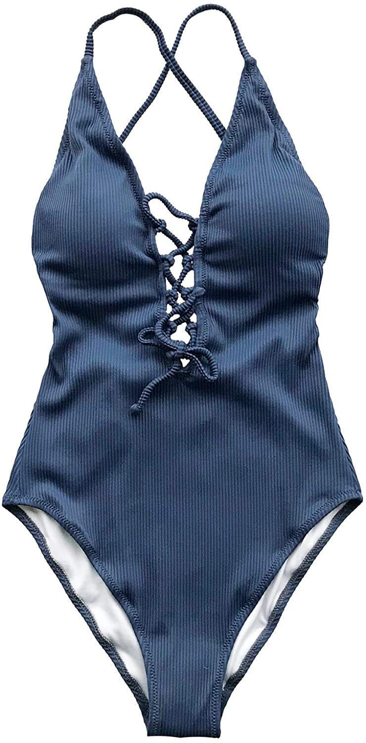 V-Neck Lace Up Solid Color One Piece Swimsuit-Desert Port-women swimming suit